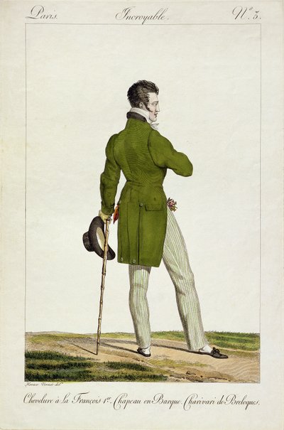 Um Dandy com um penteado &39;François I&39; e uma coleção de encantos e bugigangas, prato 3 na série de pratos de moda &39;Incroyable et merveilleuses&39;, gravada por Georges Jacques Gatine (1773-1831) pub de Antoine Charles Horace Vernet