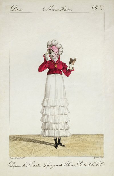 Uma senhora de chapéu levantino, uma saia em camadas e uma jaqueta de veludo, placa 6 da série de placas de moda "Incroyable et merveilleuse", gravada por Georges Jacques Gatine (1773-1831), publicada em 1797 de Antoine Charles Horace Vernet