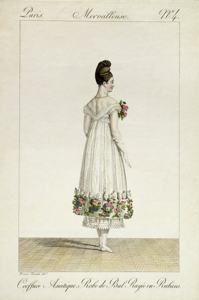 Uma senhora com um penteado asiático em um balldress aparado com fitas, placa 4 da série de placas de moda &39;Incroyable et merveilleuse&39;, gravada por Georges Jacques Gatine (1773-1831) publicado 1 de Antoine Charles Horace Vernet