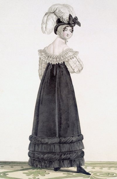 Senhora de veludo vestido de noiva, placa 24 do &39;Incroyable et merveilleuse&39;, gravada por Georges Jacques Gatine (1773-1831), pub. Paris, 1797 (gravura aquatinta) de Antoine Charles Horace Vernet