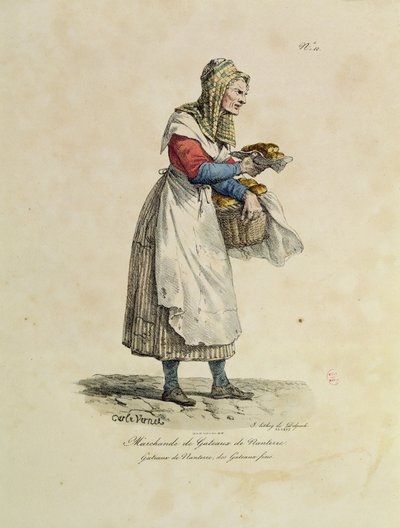 O vendedor de bolo de Nanterre, número 10 da série &39;Os gritos de Paris&39;, gravado por Francois Seraphin Delpech (1778-1825) (cor litho) de Antoine Charles Horace Vernet