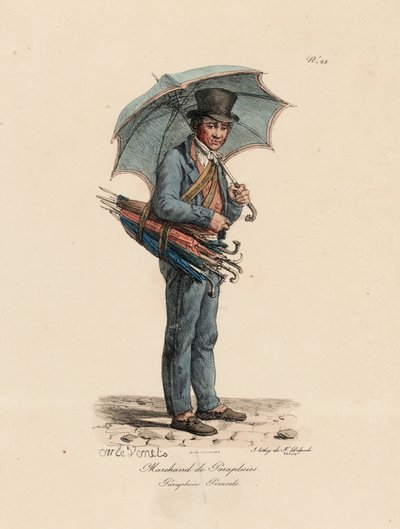 The Umbrella and Parasol Seller, número 23 da série Os Gritos de Paris, gravada por Francois Seraphin Delpech (1778-1825) de Antoine Charles Horace Vernet