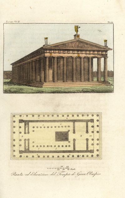 Elevação e plano do Templo de Zeus ou Júpiter no Monte Olimpo de Antoine Chrysostome Quatremère de Quincy