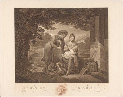 Família jovem com cachorro Hymen et Bonheur (título no objeto) de Antoine Claude François Villerey