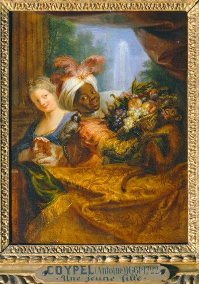 Jovem rapariga negra segurando um cesto de frutas e jovem rapariga acariciando um cão - Jeune noir tenant une corbeille de fruits et jeune fille caressant un chien ... de Antoine Coypel