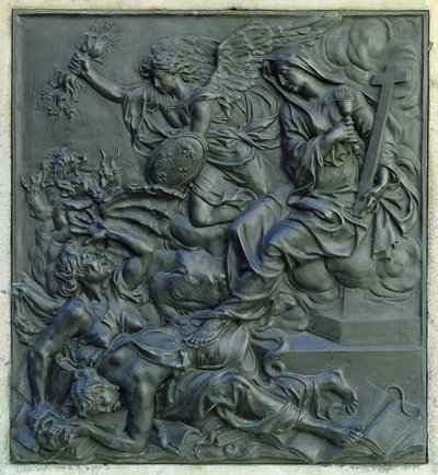 O Anjo da França Expulsando os hereges, detalhe do pedestal de uma estátua de Luís XIV, c.1687 (bronze) de Antoine Coysevox