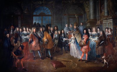 Casamento de Luís de França Duque de Borgonha e Marie Adelaide de Sabóia em 7/12/1697 A cerimónia realiza-se na presença do Rei Luís XIV (1638-1715) no centro. Os jovens casados são abençoados pelo Cardeal de Coislin. Pintura de Antoine Dieu (166 de Antoine Dieu