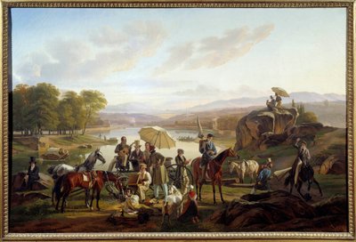 A paragem dos artistas de Lyon na ilha Barbe em Lyon Pintores e músicos descansam durante um passeio a cavalo. Pintura de Antoine Duclaux (1783-1868) 1824 Sol. 0,86x1,31 m Lyon, Musee des Beaux Arts de Antoine Duclaux