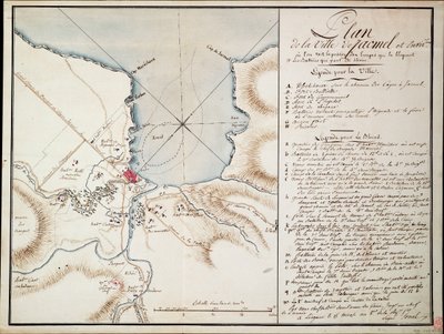 Vizinhança de Jacmel, utilizada para indicar as linhas e posições ocupadas durante o bloqueio e as baterias estabelecidas para construir as defesas sitiadas. de Antoine François Sorrel des Rivieres
