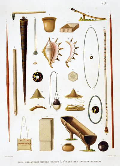 Utensílios domésticos e armas das Ilhas Marianas, da Voyage autour du Monde (1817-20), de Louis Claude Desaulses de Freycinet (1779-1842) gravada por Jean Louis Denis Coutant (1776-1831), p de Antoine Germain Bevalet