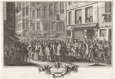 Da Rue Quinquempoix, 1720 Rue Quinquempoix no ano de 1720 (título no objeto) Het Groote Tafereel der Dwaasheid (título da série) de Antoine Humblot
