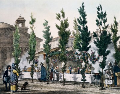 Fritadeiras no Panteão durante a festa de São José, gravada por Antoine Jean-Baptiste Thomas (1791-1834) de Un an a Rome et dans ses environs (Um ano em Roma e nos seus arredores), França de Antoine Jean Baptiste Thomas