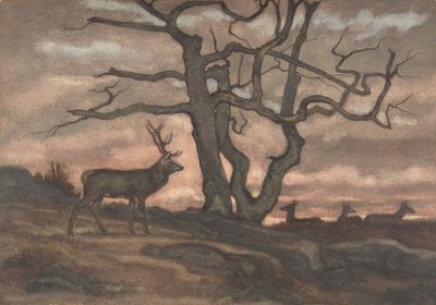 Cervo e árvore contra o pôr do sol, 1810-75. de Antoine Louis Barye