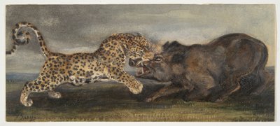L?opard aux prises avec un sanglier (L?opard lutando com um javali selvagem) de Antoine Louis Barye