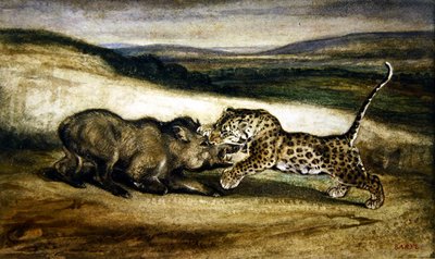 Pantera lutando contra um javali (aguarela) de Antoine Louis Barye
