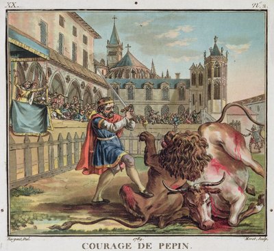 A Coragem de Pepin (714-68), gravada por Jean Baptiste Morret (fl. 1790-1820) 1789 (gravura a cores) de Antoine Louis Francois (after) Sergent Marceau