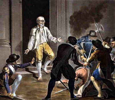 A Morte de Gaspard de Coligny, gravada por Jean Baptiste Morret (fl.1790-1820) 1788 (gravura a cores) de Antoine Louis Francois (after) Sergent Marceau