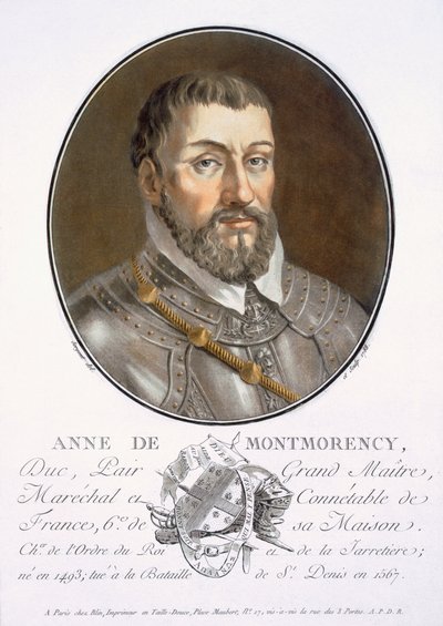 Anne de Montmorency, de retratos de grandes homens, mulheres ilustres e temas memoráveis da França, sérios e impressos a cores, publicados por Pierre Blin, 1786-92, Paris (gravura colorida) de Antoine Louis Francois Sergent Marceau