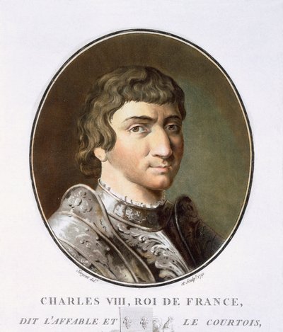 Carlos VIII, de retratos de grandes homens, mulheres ilustres e temas memoráveis da França, grave e impresso em cores, publicado por Pierre Blin, 1786-92, Paris (gravura colorida) de Antoine Louis Francois Sergent Marceau