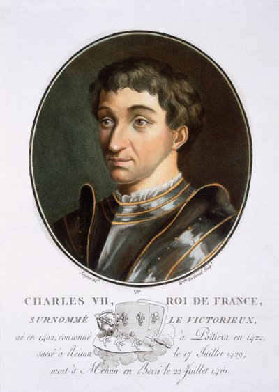 Carlos VII, de retratos de grandes homens, mulheres ilustres e memoráveis súditos da França, grave e impresso em cores, publicado por Pierre Blin, 1786-92, Paris (gravura colorida) de Antoine Louis Francois Sergent Marceau