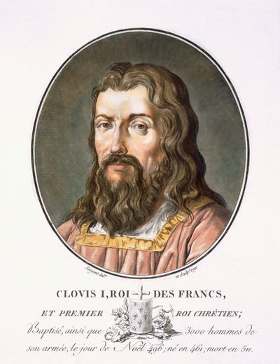 Clovis I, de Retratos de Grandes Homens, Mulheres Ilustres e Assuntos Memoráveis da França, Sério e Impresso em Cor, publicado por Pierre Blin, 1786-92, Paris (gravura colorida) de Antoine Louis Francois Sergent Marceau