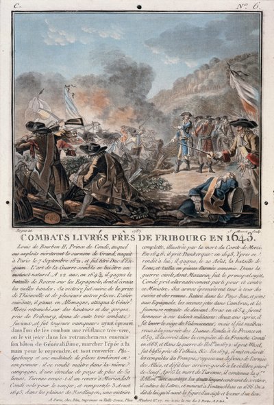 Combate perto de Freiburg, 1643, gravado por Jean Baptiste Morret (fl.1790-1820), 1787 (lito colorido) de Antoine Louis Francois Sergent-Marceau