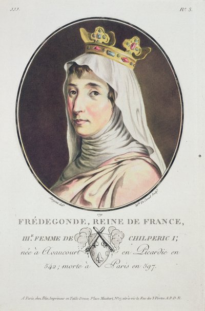 Fredegonde, Rainha dos Francos, de retratos de grandes homens, mulheres ilustres e temas memoráveis da França, sérios e impressos a cores, publicados por Pierre Blin, 1786-92, Paris de Antoine Louis Francois Sergent Marceau