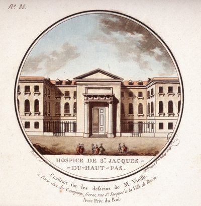 Hospice de Saint Jacques Du Haut Pas construído de acordo com os desenhos de Vieilb, agora Hospital de Cochin, Paris. Em vista prittoresca dos principais edifícios de Paris pelo Sargento de Antoine Louis Francois Sergent-Marceau