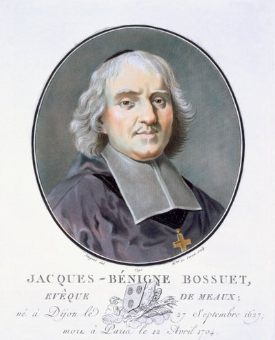 Jacques = Benigne Bossuet, de retratos de grandes homens, mulheres ilustres e temas memoráveis da França, sérios e impressos em cores, publicado por Pierre Blin, 1786-92, Paris (gravura colorida) de Antoine Louis Francois Sergent Marceau