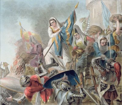 Jeanne Laisne cria um padrão contra os homens da Borgonha, gravado por Morret (fl. 1790-1820) 1787 de Antoine Louis Francois Sergent Marceau