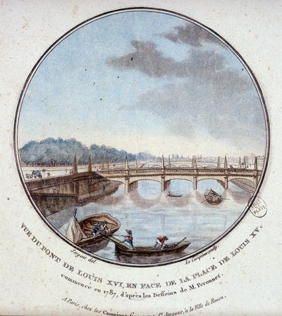 Vista da ponte de Luís XVI, em frente ao lugar de Luís XV, iniciada em 1787, de acordo com os desenhos do Sr. Peronnet. Em vista prittoresca dos principais edifícios de Paris pelo sargento de Antoine Louis Francois Sergent Marceau