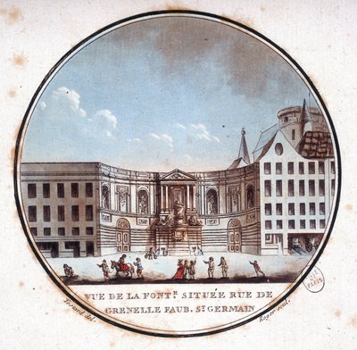 Vista da fonte situada na rue de Grenelle Faubourg Saint Germain, actual fonte de Grenelle. Em prittoresque vista dos principais edifícios de Paris pelo Sargento de Antoine Louis Francois Sergent Marceau