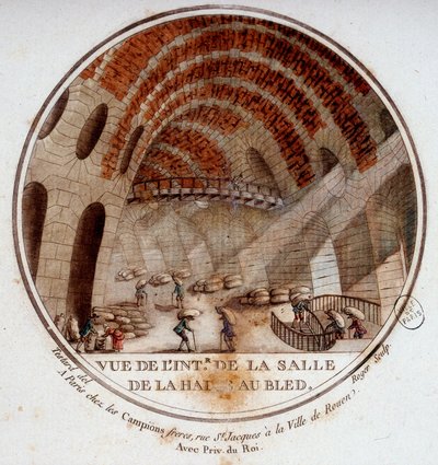 Vista do interior do novo pavilhão do mercado construído por Le Camus de Mézières entre 1763 e 1766, hoje a bolsa de valores em Paris. Em vista prittoresca dos principais edifícios de Paris pelo Sargento de Antoine Louis Francois Sergent-Marceau