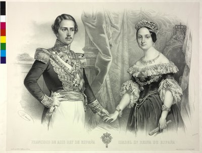 Rainha de Espanha e seu marido Francisco Isabel II (litografia) de Antoine Maurin