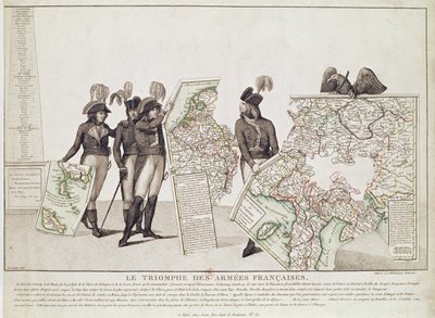 O triunfo dos exércitos franceses, Napoleão e seus generais segurando mapas de suas vitórias na época da paz de Loeben, 18 de abril de 1797, c.1797 de Antoine Maxime Monsaldy