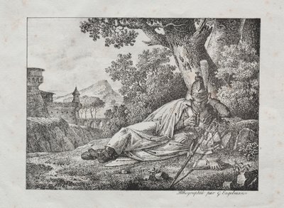 Receuil impressões litográficas: camada de dragão fumando ao pé de uma árvore, 1822. de Antoine Pierre Mongin