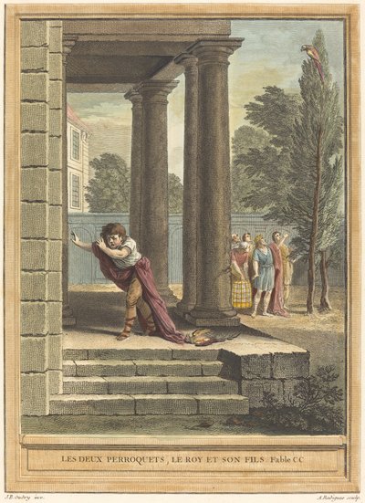 Dois papagaios, o rei e seu filho de Antoine Radigues after Jean Baptiste Oudry