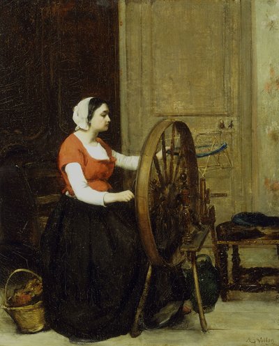 Mulher e roda de giro, c.1860 de Antoine Vollon