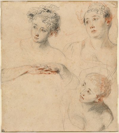 Três estudos da cabeça de uma mulher e um estudo das mãos [reto] de Antoine Watteau