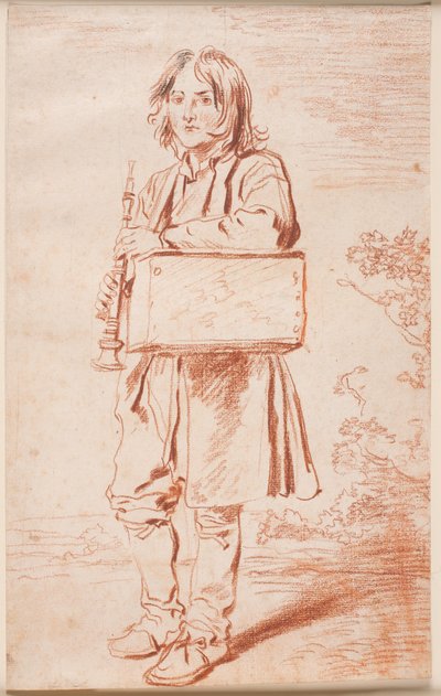 Jovem Sabóia. Figura completa en face v.v., de pé, sobre um ombro pendura uma caixa com a marmota, em suas mãos ele segura a flauta de Antoine Watteau