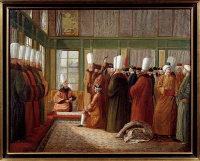 Império Otomano: "Recepção pelo Grande Vizir de um embaixador da França ao serviço do Rei Luís XVI na Turquia" Pintura de Antoine de Favray (1706-1791) Século XVIII Marselha, Musee de la Marine - Império Otomano: Recepção de um embaixador da França de Antoine de Favray