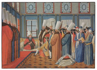 A apresentação do Conde de Vergennes, embaixador de Luís XV, a Reis Effendi, grão-vizir do sultão otomano "Uthman III, em 31 de maio de 1755 de Antoine de Favray