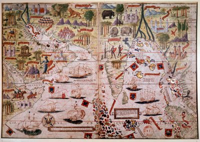 O atlas náutico português Indes. Página do manuscrito do Atlas Miller feito em 1519 por Pierre e Georges Reinel, Lopo Homem (cartógrafos) e Antoine de Hollande (miniaturista). Século XVI. Paris, B N. de Antoine de Hollande