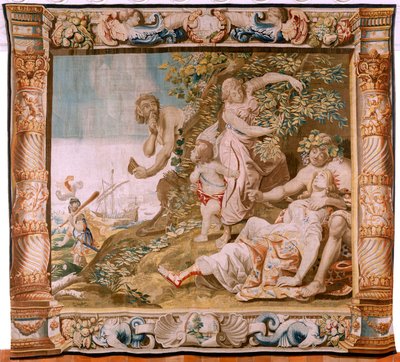 tapeçaria flamenga. Série História de Teseu. Teseu abandona Ariadne na ilha de Naxos (Teseo abandona a Ariadna en la Isla de Naxos). Oitava tapeçaria da série. Modelo Anthonis Sallaert. Manufatura Jan Raes, o Jovem, Bruxelas. Ca 1630. Tecido S de Antoine or Anthonis Sallaert