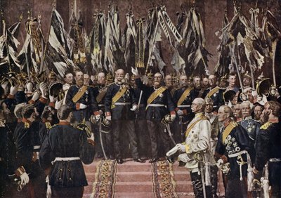 O Rei Wilhelm I da Prússia proclamou Imperador de uma Alemanha unida, Versalhes, França de Anton Alexander von (after) Werner