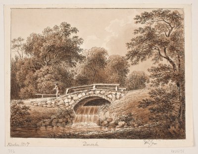 Floresta com uma ponte sobre um riacho de Anton Carl Dusch