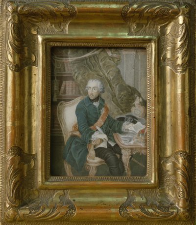 Rei Frederico II da Prússia em seu casaco Hohenzollern, 1769 (aquarela em marfim) de Anton Friedrich Konig