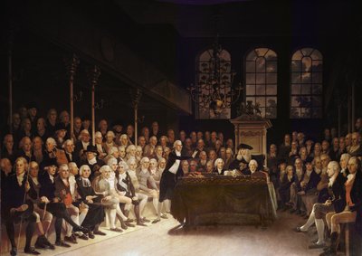 William Pitt dirigindo-se à Câmara dos Comuns sobre a Declaração de Guerras Francesa de 1793 de Anton Hickel