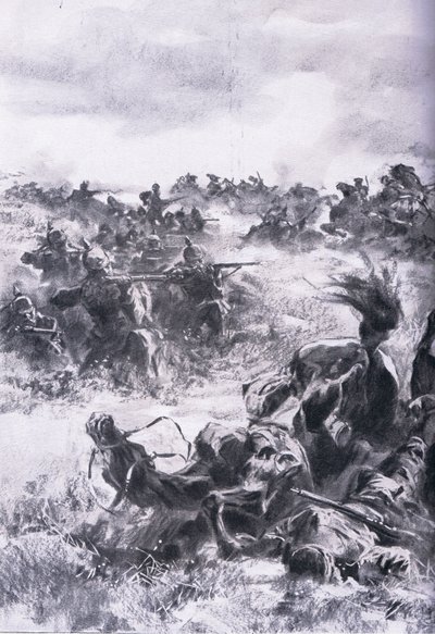 Derrota da 14ª Brigada de Cavalaria Russa em Praszysz, de The Illustrated History of the World War 1914-1915 pub. por Union Berlagsefellfchaft de Anton Hoffman