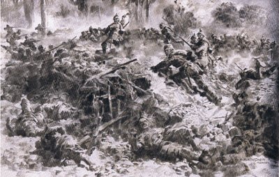 Os granadeiros do Rei Wuenttemberg rompendo com colocações inimigas em Argonnes, de The Illustrated History of the World War 1914-1915 pub. por Union Berlagsefellfchaft de Anton Hoffman